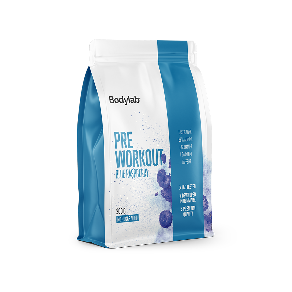 Bodylab Pre Workout Blue Raspberry 200 g pose fra dansk mærke