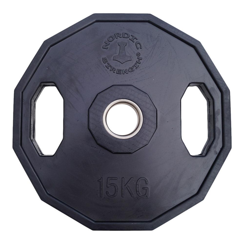 Sort 12-kantet gummibelagt vægtskive på 15 kg i olympisk 50 mm