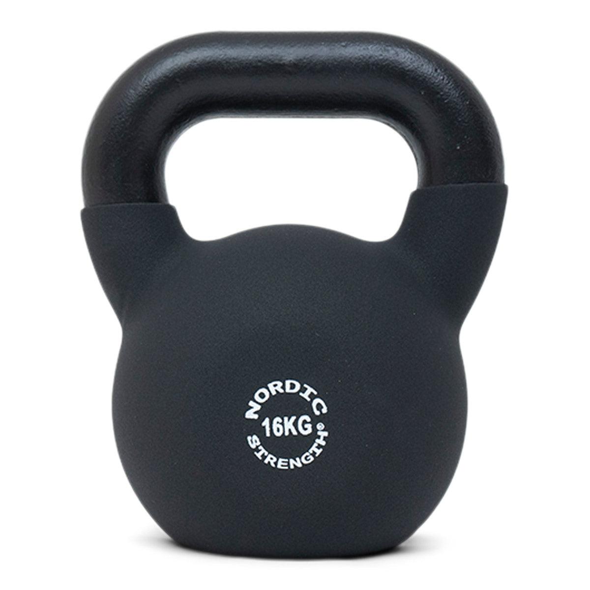 Nordic Strength kettlebell på 16 kg i støbejern med neoprenbund mod gulvridser