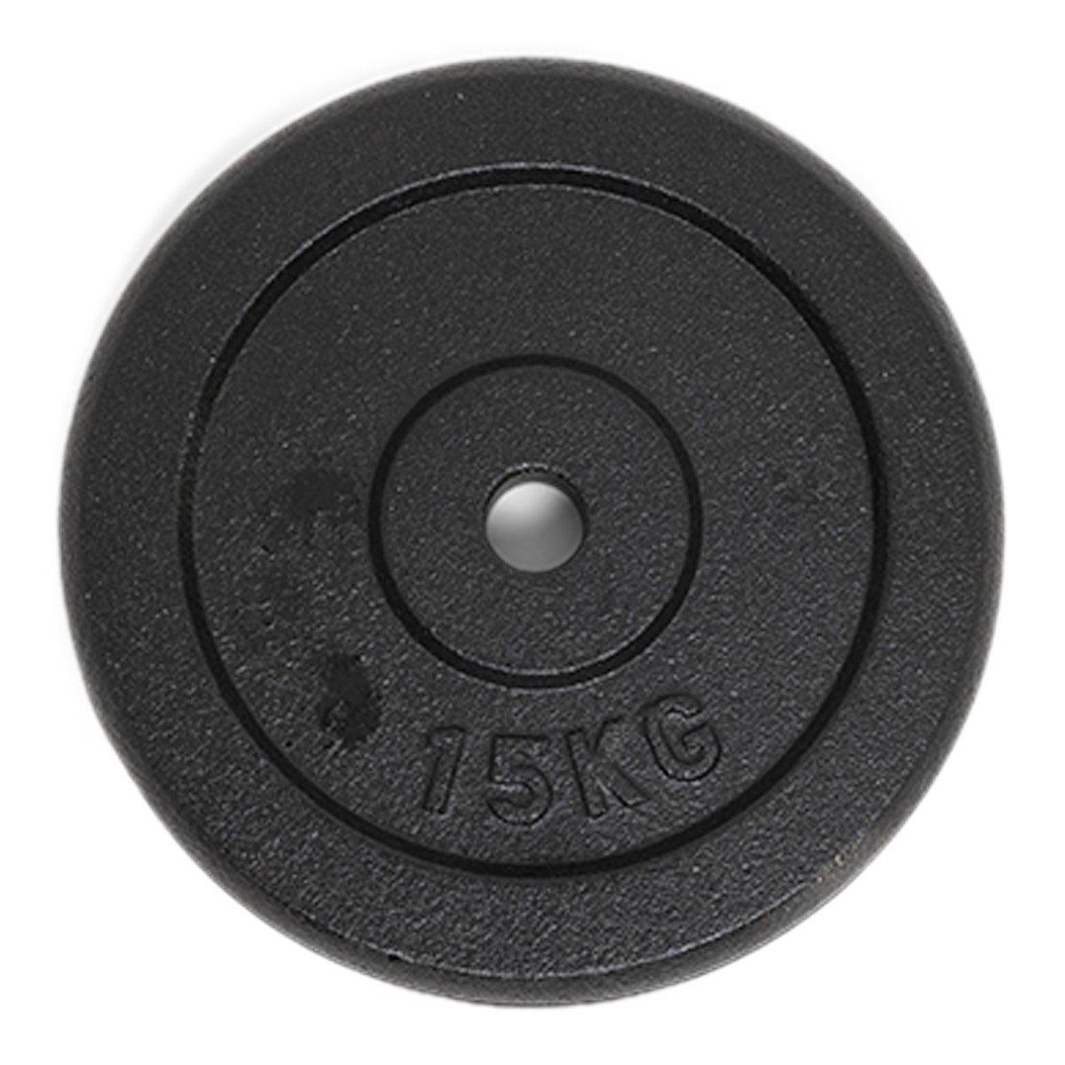 Sort vægtskive i støbejern på 15 kg med 30 mm hul til standardstang