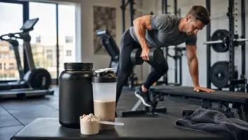 Illustration af proteinpulver og proteinshake