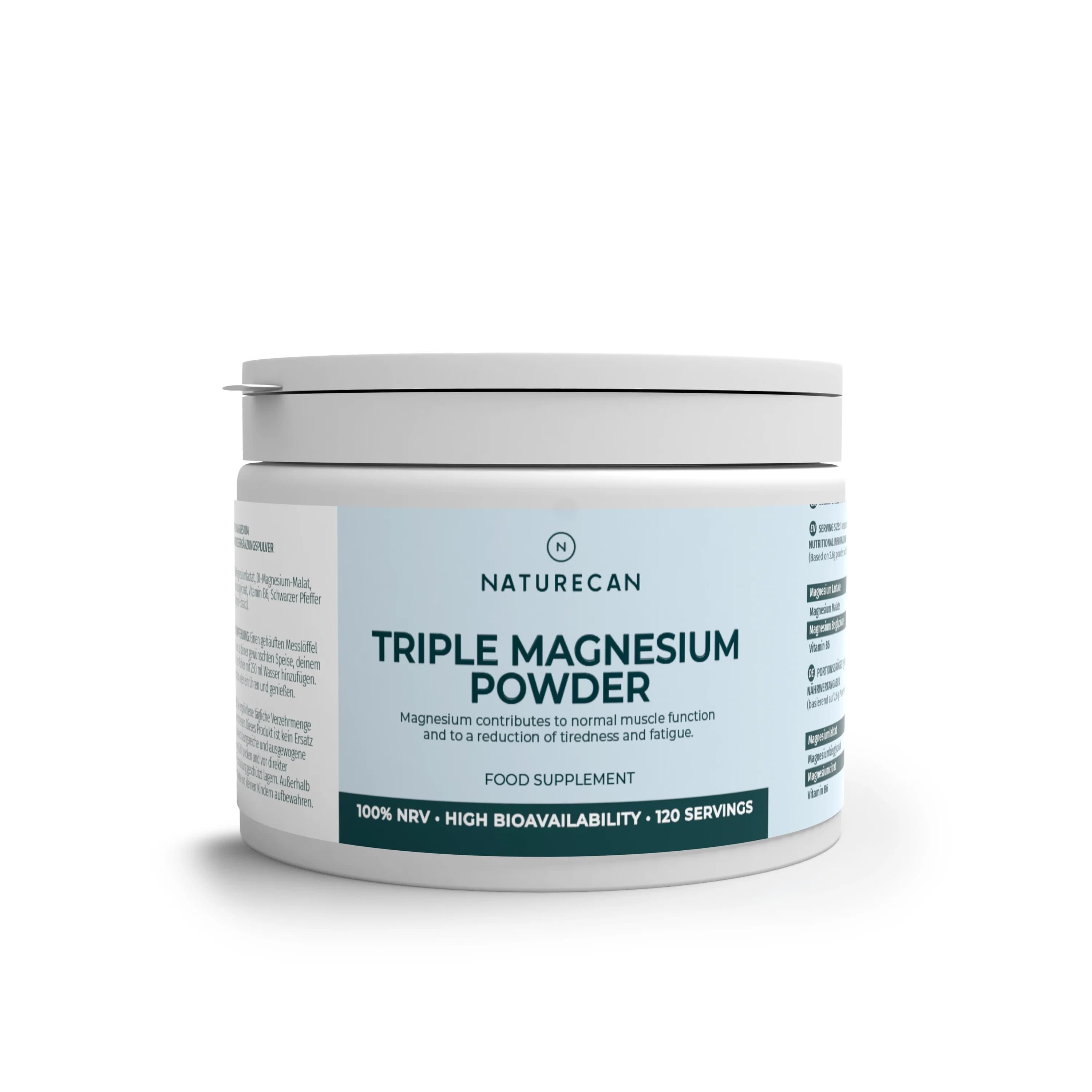 Naturecan Magnesium Glycinate tripelblanding som pulver og kapsler