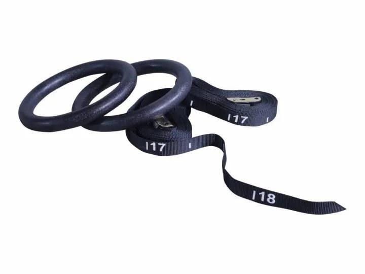 Crossmaxx gymnastikringe i sort PVC-plast med stropper med længdemarkeringer og sikkerhedslukning
