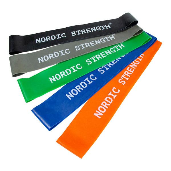 Sæt med 5 loop band træningselastikker i forskellige styrker fra Nordic Strength
