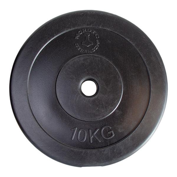 Sort vægtskive i hård plast med cementkerne, 10 kg i 30 mm til standardstang