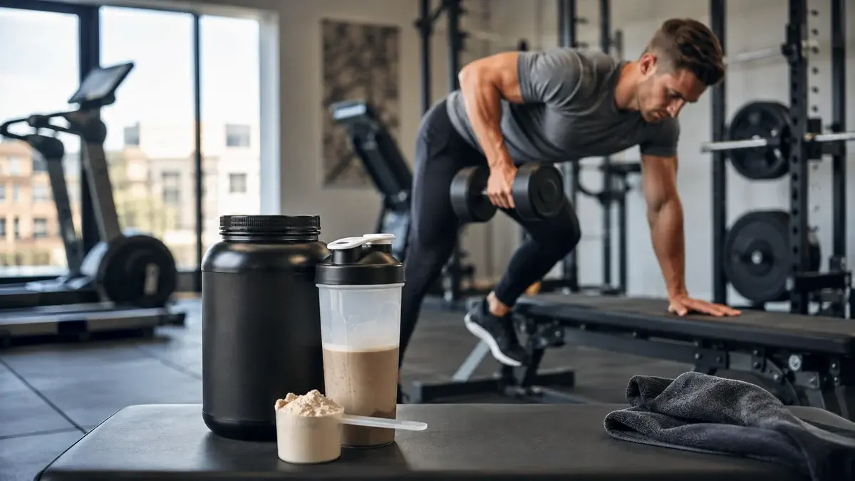 Illustration af proteinpulver og proteinshake