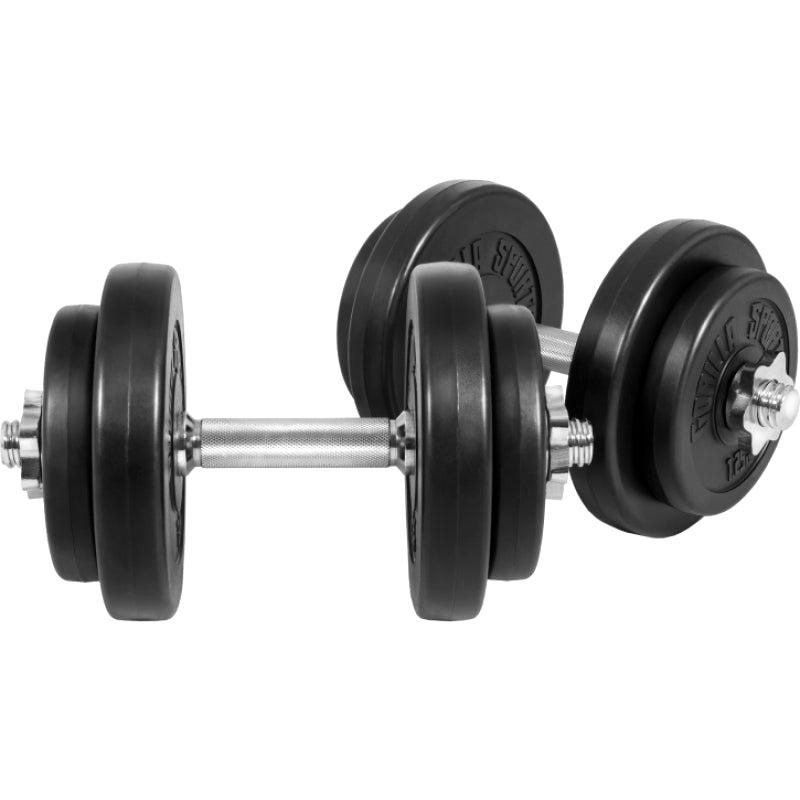Justerbart håndvægtsæt på 20 kg med to 30 mm stænger og plastovertrukne skiver