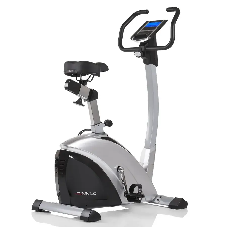 Hammer Finnlo Exum ergometercykel med D-formet ramme og blåt baggrundsbelyst display